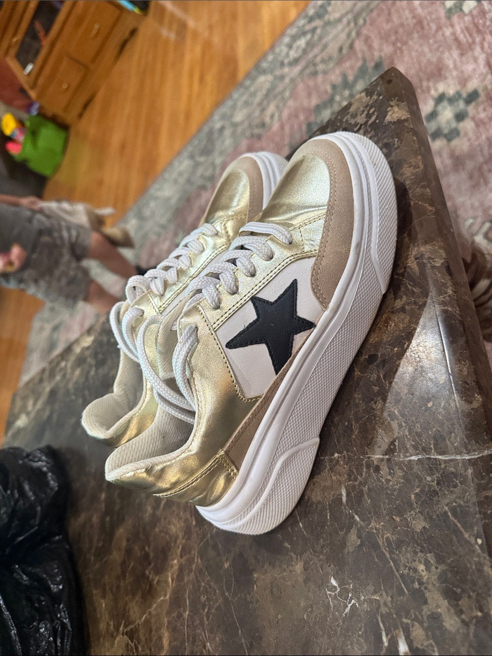 Pink Lily Metallic Gold & Black Star Platform Sneakers